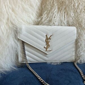 Yves Saint Laurent white wallet on chain with silver hardware